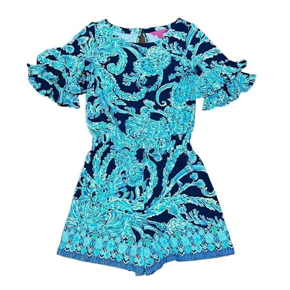 Lilly Pulitzer Lula Romper High Tide Navy Scuba Doo Engineered Romper Sz XS EUC - Picture 2 of 4